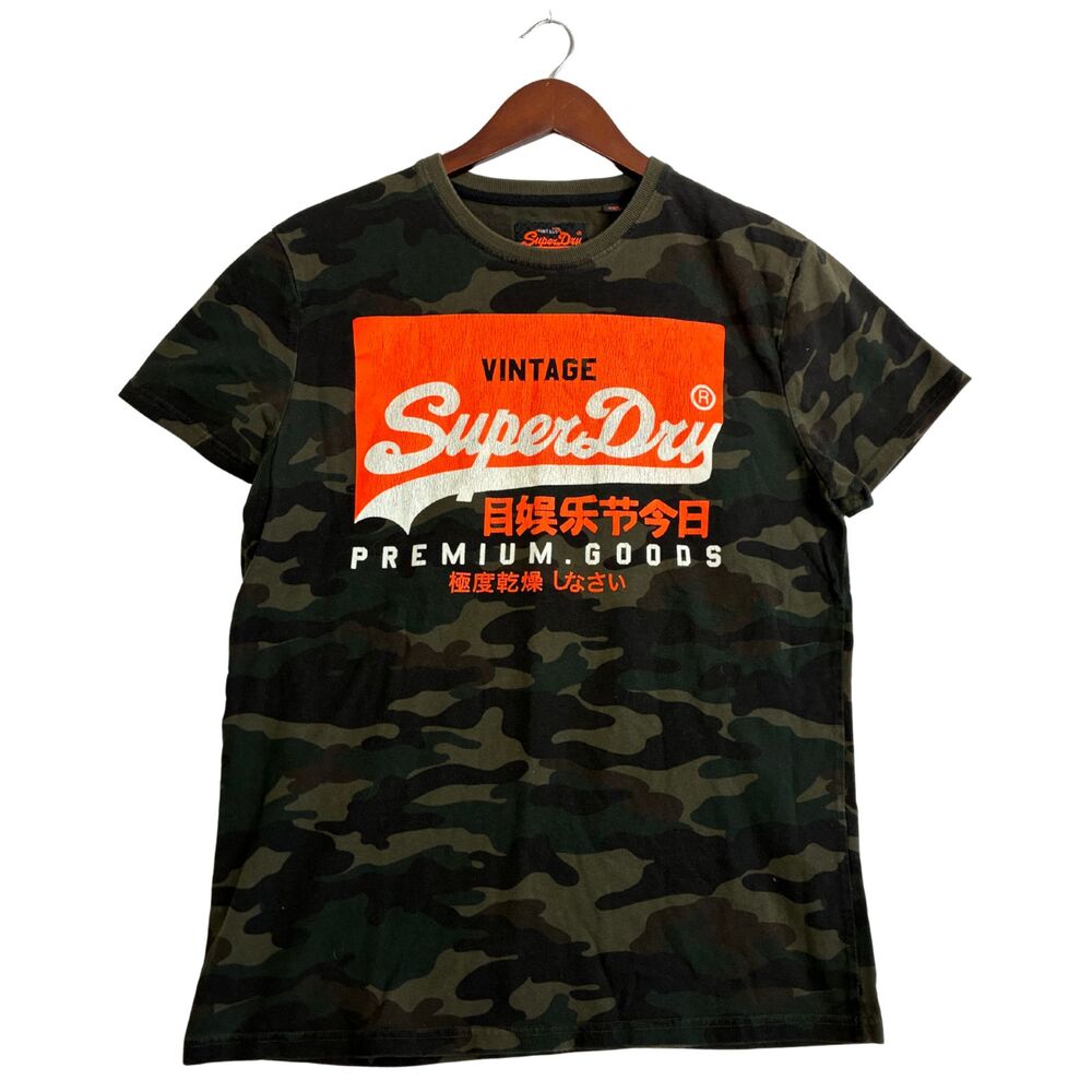 Superdry Vintage Premium Goods Camo T-Shirt Mens L Green Orange Logo Graphic Tee